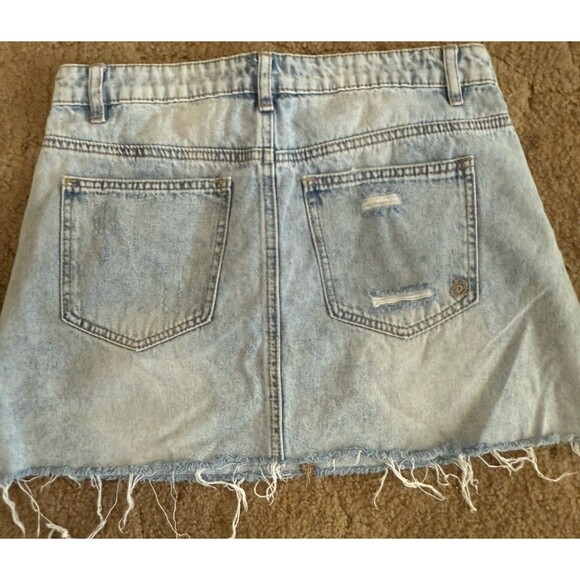 Indigo Rein Button Front Distressed Frayed Hem Denim Mini Jean Skirt Blue Size 7 - Picture 6 of 9